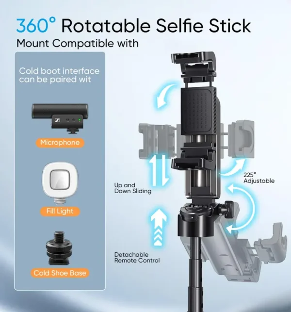 MAGIC JOHN Leichter All-in-One Selfie-Stick Stativ mit Kabelloser Fernsteuerung – 360° Drehbarer & Ausziehbarer Ständer für Vlogging, Live-Streaming, Kompatibel mit iPhone & Android - Image 5